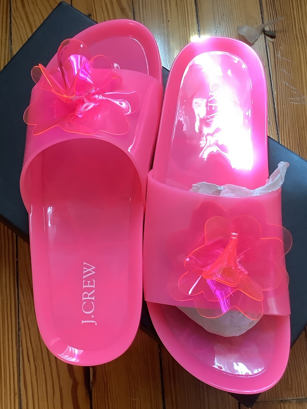 J. Crew Women's Bright Pink Jelly Slide Sandals with Floral Accent